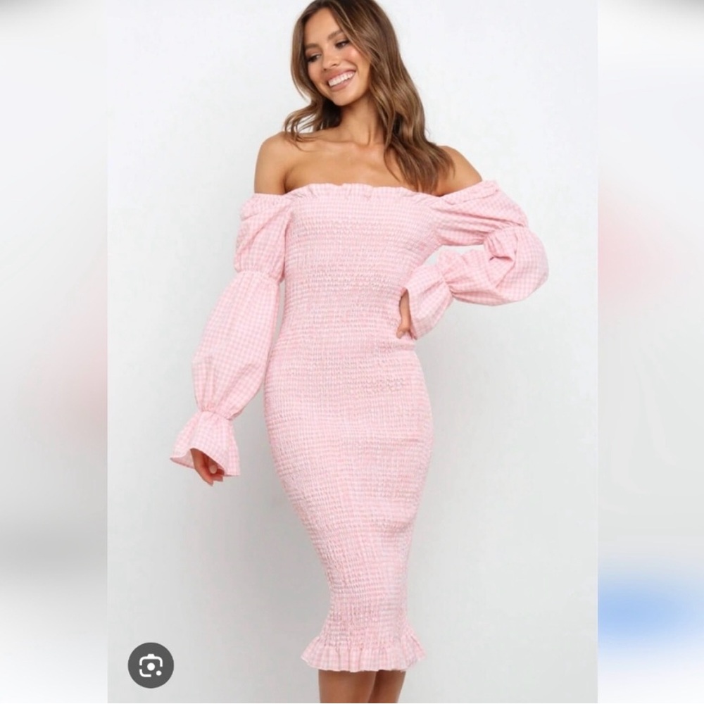Off-Shoulder Pink Smocked Midi Dress with Puff Sleeves